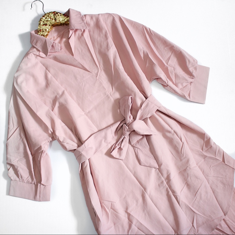 ❗️Dusty Pink 3/4 Sleeve Curved Hem Shirt Dress - Picture 5 of 7